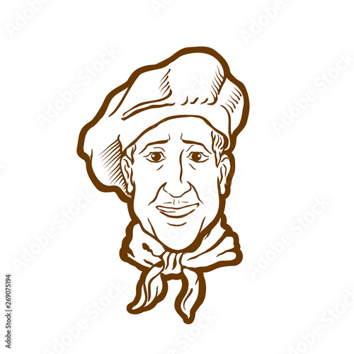 chef in a hat and tie. vintage logo, hand drawn sketch on white background. Vector illustration