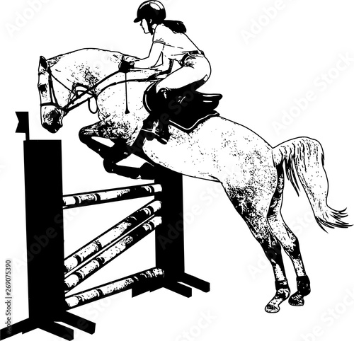jumping show. horse with jockey jumping a hurdle sketch illustration