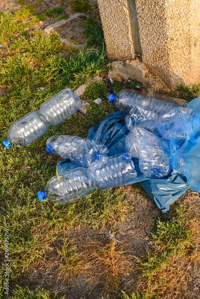 Obraz premium Plastic bottles and bags on the grass. Plastic Waste In The Nature.