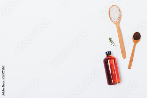 Flat lay composition bottle of cosmetic oil