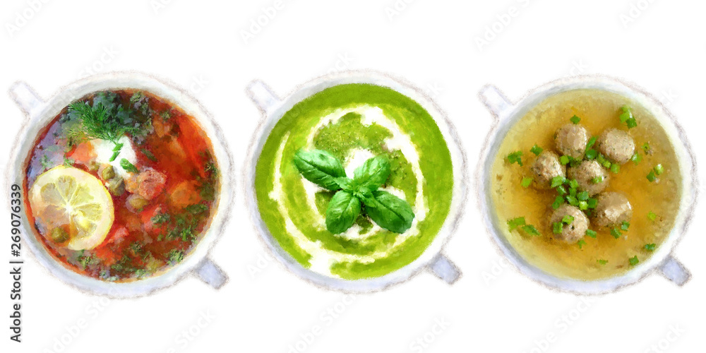 Set of soups from worldwide cuisines, healthy food. 