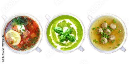 Set of soups from worldwide cuisines, healthy food. 