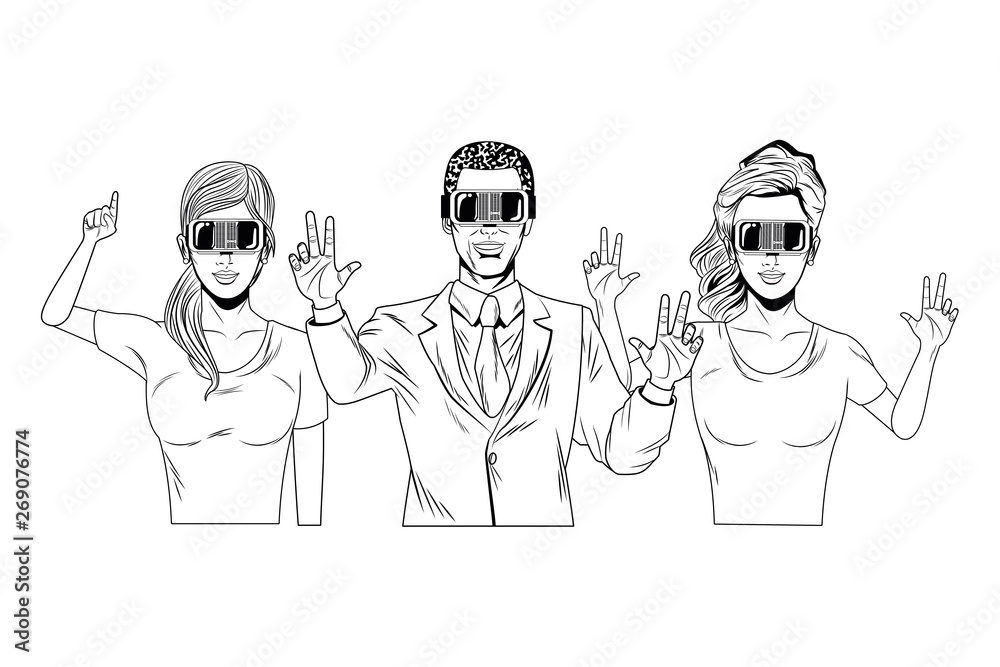 group of people with virtual reality headset black and white