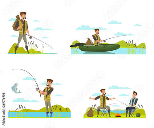 Fisherman on fishing vector illustrations set isolated on white background
