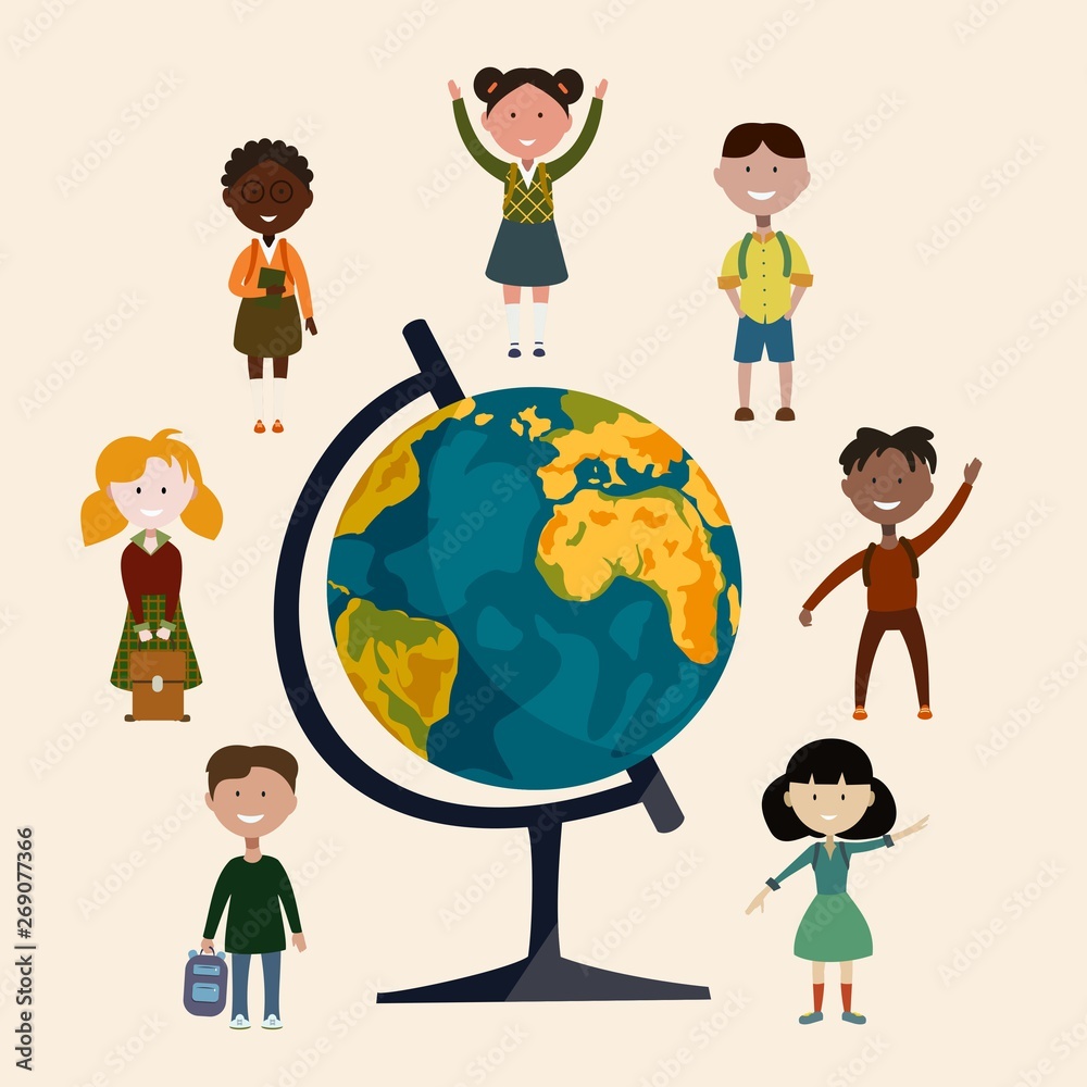 students of different races are standing around the globe students of different races are standing around the globe