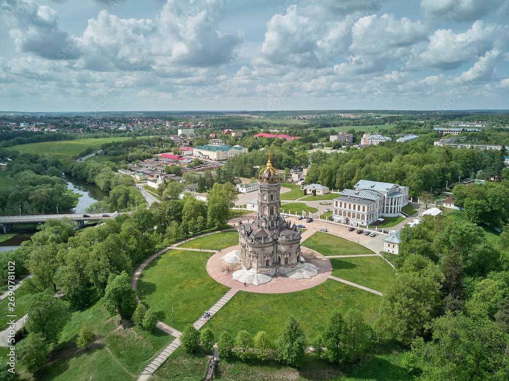 Aerial panorama view of the Church of the Sign of the Blessed Virgin Mary in Dubrovitsy, Moscow region.