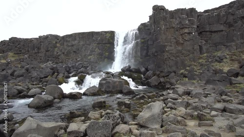 Beautiful Iceland Waterfall with cloudy skies and rocks and grass