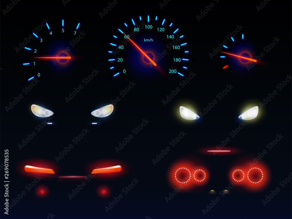 Glowing in darkness blue, red and white light, car front, back