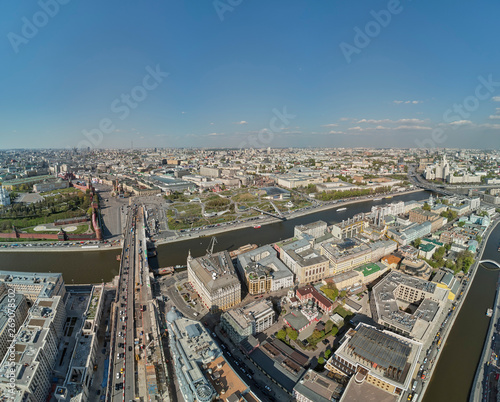 Aerial View on landscape Park "Zaryadye". Panoramic view of the Moscow center near Kremlin in spring.