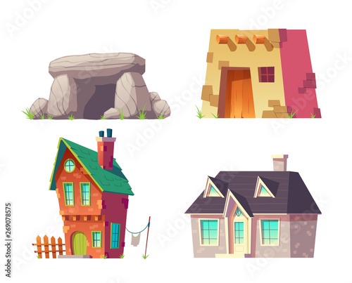 Human homes from prehistoric to modern time cartoon vector set isolated on white. Cave, ancient flat roof house, rural hat with brick walls and tile roof, modern cottage, mansion building illustration