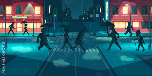 Rain in night city cartoon vector. People with umbrellas walking evening street illuminated lampposts and showcases lights in rainy  wet weather  pedestrians crossing road with puddles illustration