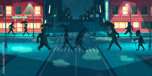 Rain in night city cartoon vector. People with umbrellas walking evening street illuminated lampposts and showcases lights in rainy, wet weather, pedestrians crossing road with puddles illustration