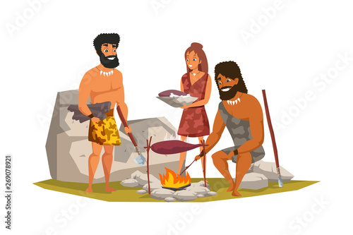 Stone age people frying meat vector illustration.