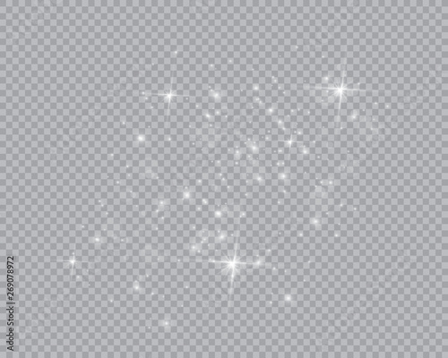 Dust white. White sparks and golden stars shine with special light. Vector sparkles on a transparent background. Christmas abstract pattern. Sparkling magical dust particles.