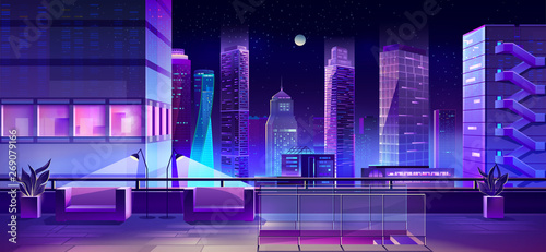 Modern city megapolis at night. Illuminated cityscape view from skyscraper roof with recreation zone with couches and lamps. Glowing neon buildings architecture background. Cartoon vector illustration