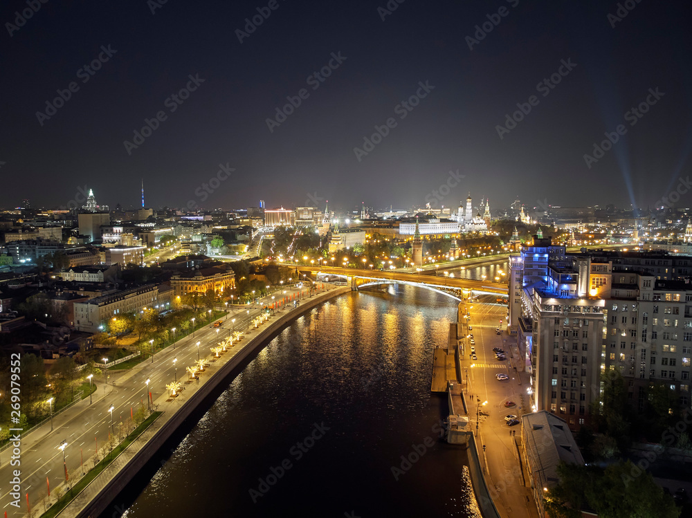Russia, Moscow Kremlin - May 2019, Kremlin and Moscow River at night. Aerial view. Architecture and landmark of Moscow