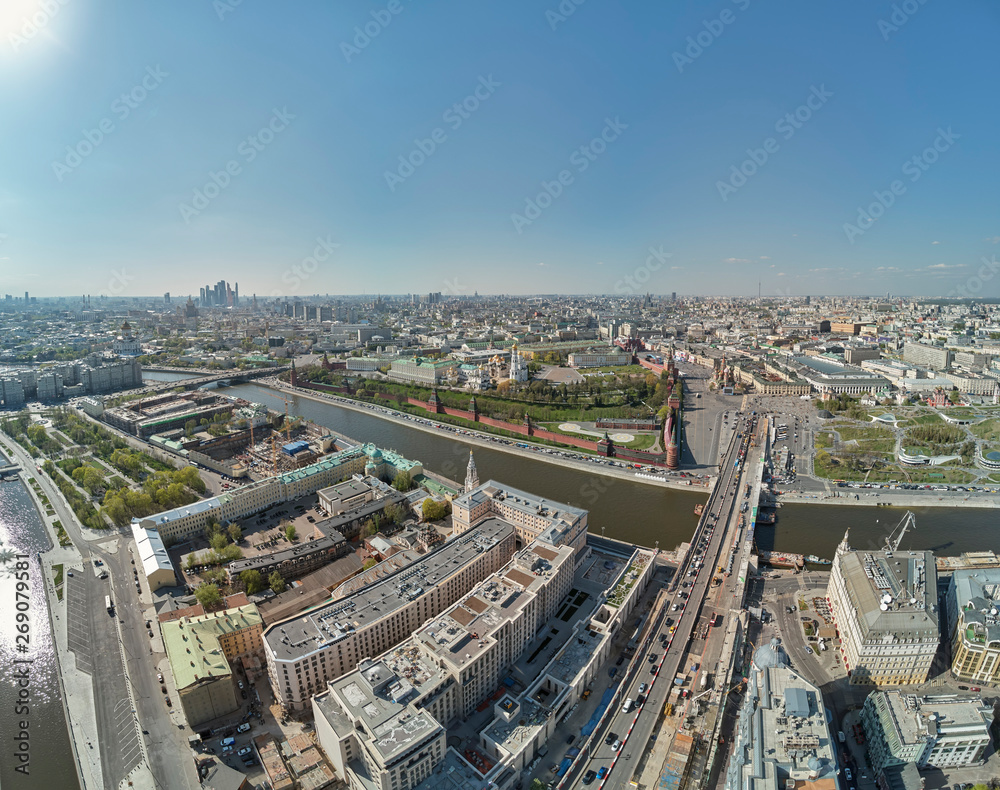 Aerial View on Moscow Red Square, Kremlin towers, Clock Kuranti, Saint Basil's Cathedral church. Moscow Red Square