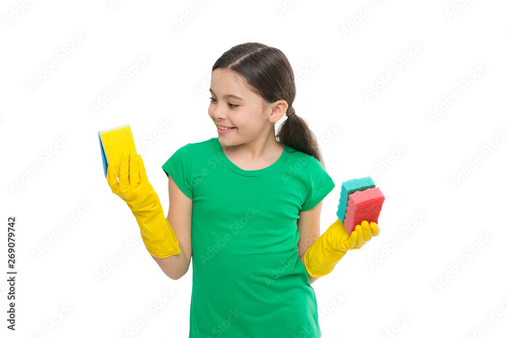 Girl wear protective gloves for cleaning hold sponges white background. Housekeeping duties. Household concept. Helpful daughter. For sparkling results. Cleaning with sponge. Cleaning supplies Girl wear protective gloves for cleaning hold sponges white background. Housekeeping duties. Household concept. Helpful daughter. For sparkling results. Cleaning with sponge. Cleaning supplies