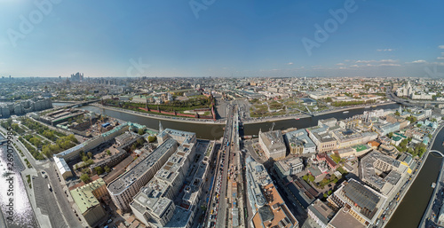 Aerial View on landscape Park "Zaryadye" and Moscow Kremlin. Panoramic view of the Moscow center near Kremlin in spring.
