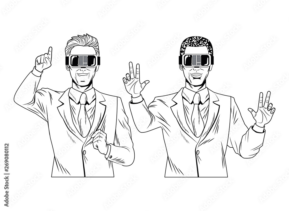 men with virtual reality headset black and white men with virtual reality headset black and white