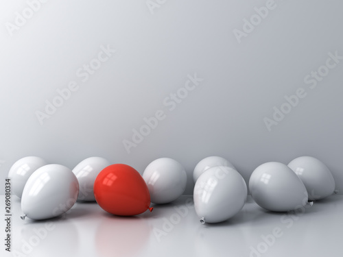 Stand out from the crowd and different concepts One red balloon amongs other white balloons on the white room ground with window reflections and shadows 3D rendering