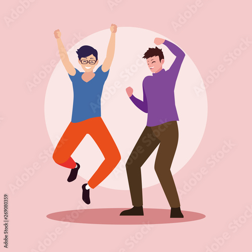 group of young men happy jumping celebrating