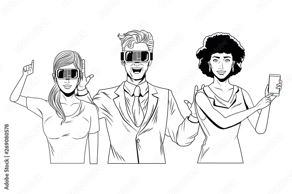 group of people with virtual reality headset black and white group of people with virtual reality headset black and white