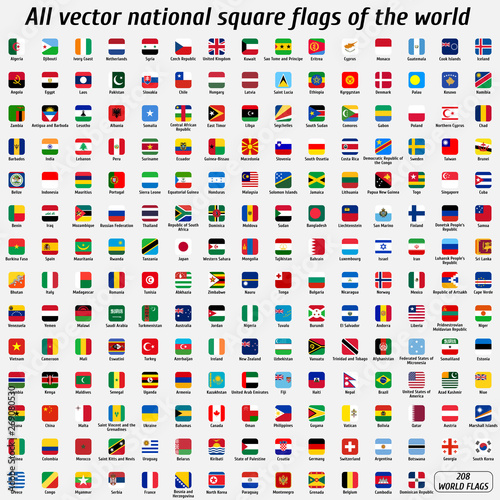 Vector collection of 208 national square flags with detailed emblems of the world