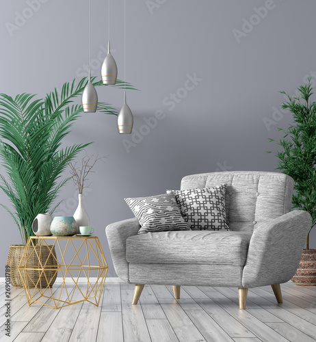 Carta da parati 3D per Soggiorno - Carta da parati Interior with armchair and coffee table 3d rendering