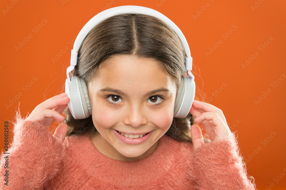 The technology uses focused sound waves. Small child wearing wireless  stereo headphones. Technology and music. Stereo sound technology. Modern  technology Stock-Foto | Adobe Stock