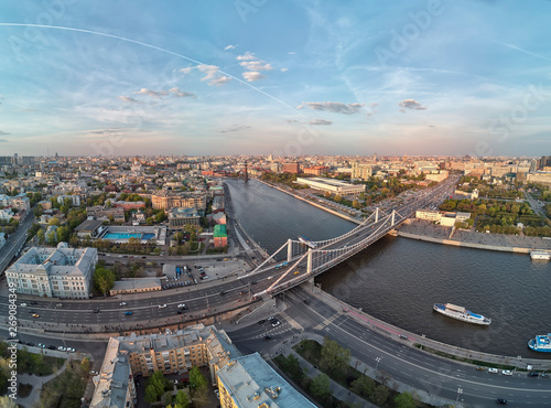 Krymsky Bridge or Crimean Bridge is a steel suspension bridge in Moscow, Russia. Aerial view.