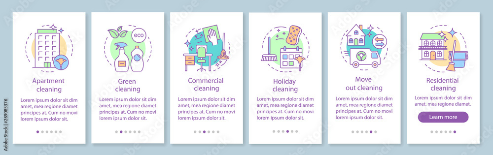 Cleaning services onboarding mobile app page screen, linear concepts Cleaning services onboarding mobile app page screen, linear concepts