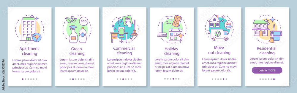 Cleaning services onboarding mobile app page screen, linear concepts