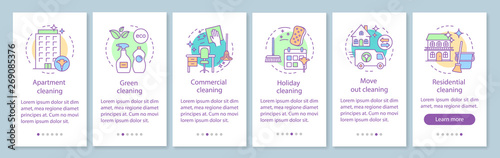Cleaning services onboarding mobile app page screen, linear concepts