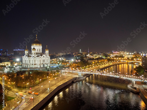 Cathedral of Christ the Savior in Moscow near river  Russia at night. Aerial drone view