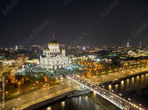 Cathedral of Christ the Savior in Moscow near river, Russia at night. Aerial drone view