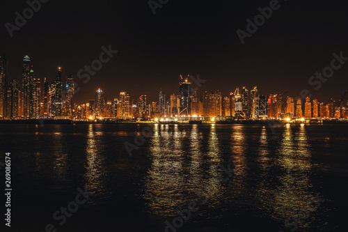 Night city lights. District Dubai Marina from observation platform of palm Jumeirah. Dubai at may 2019