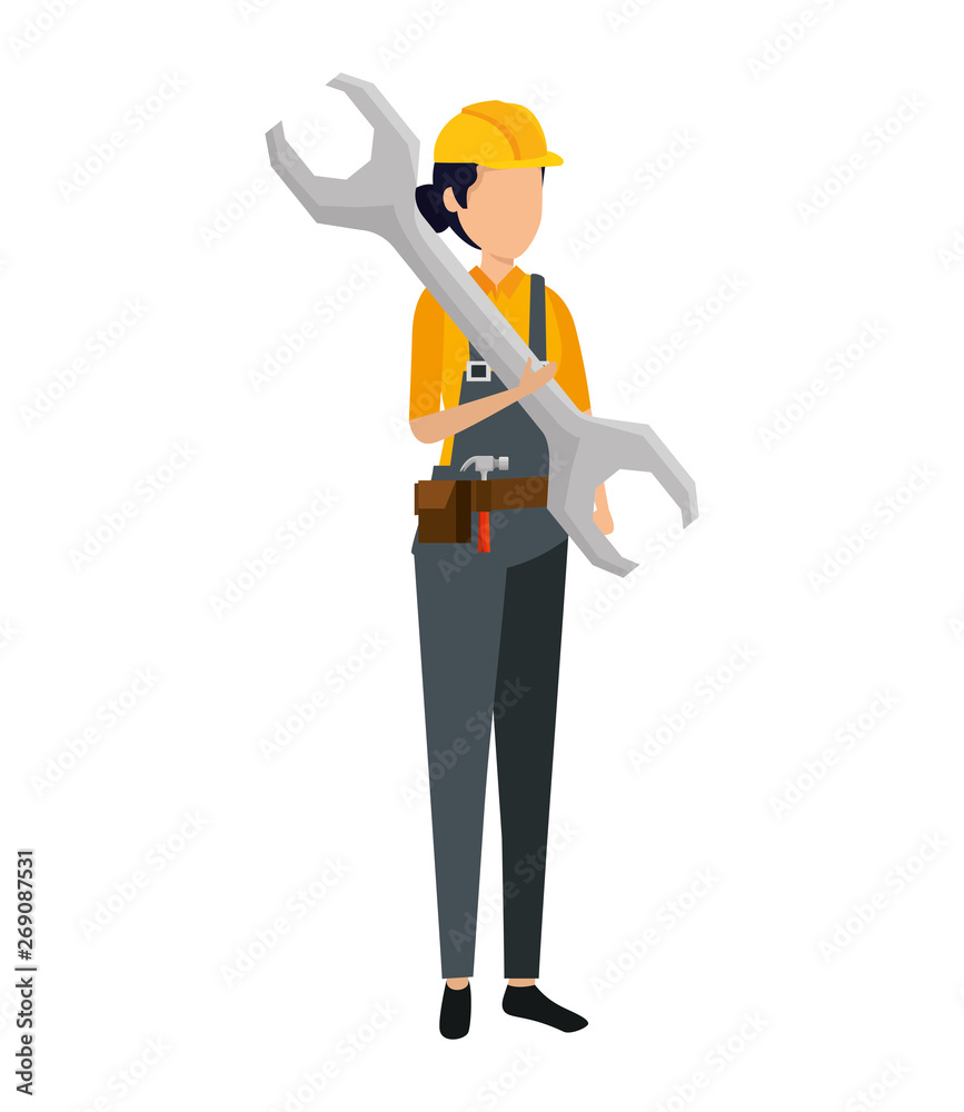 female builder worker with helmet and wrench female builder worker with helmet and wrench