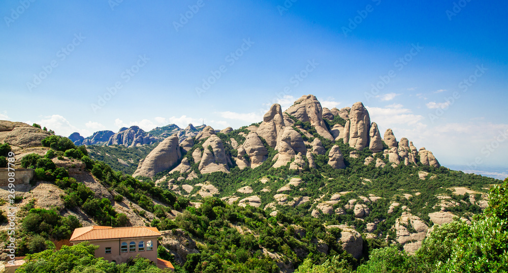 Montserrat mountain, Catalonia, Barcelona, Spain Sunny day, blue sky
