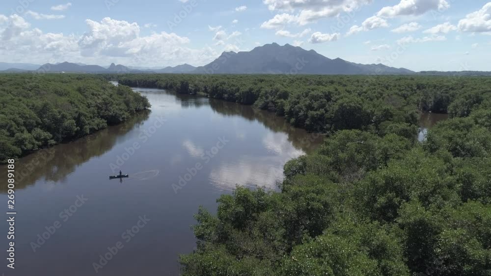 Aerial view of boat in magrove forest. Video recorded in 2019. Aerial view of boat in magrove forest. Video recorded in 2019.