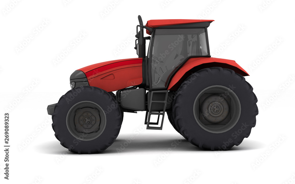 Red agricultural wheel tracktor isolated on white background. Side view. Left side. Low angle view. 3D render. Red agricultural wheel tracktor isolated on white background. Side view. Left side. Low angle view. 3D render.