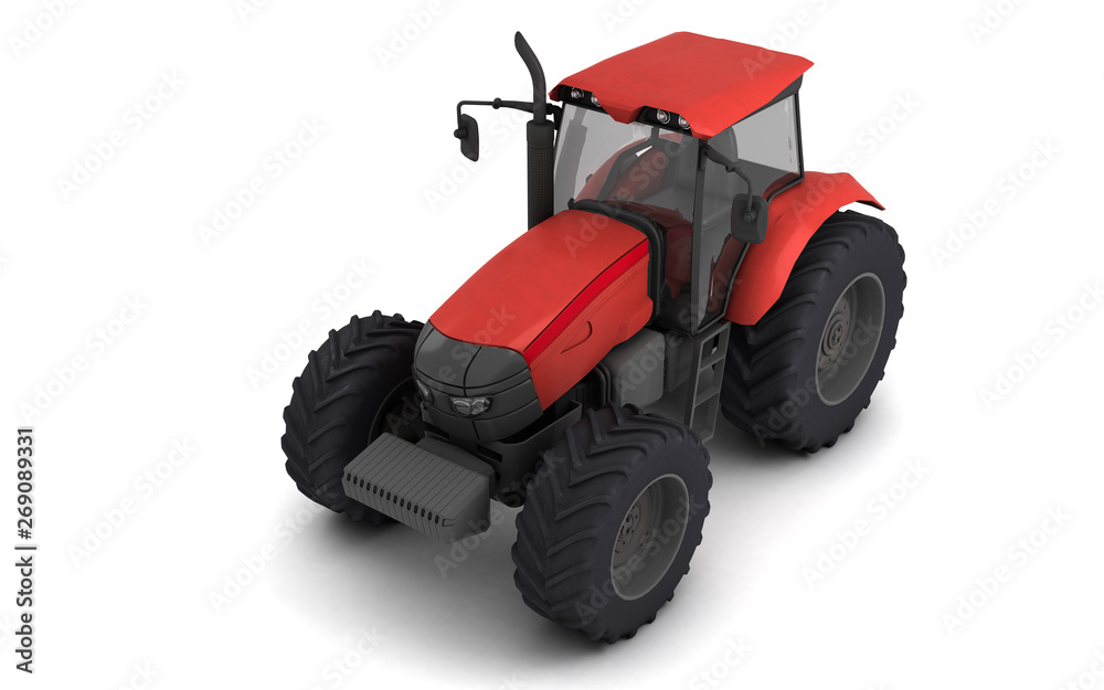 Isometric view on red agricultural wheel tracktor isolated on white background. Front side view. Perspective. Left side. High angle view. 3D render. Isometric view on red agricultural wheel tracktor isolated on white background. Front side view. Perspective. Left side. High angle view. 3D render.
