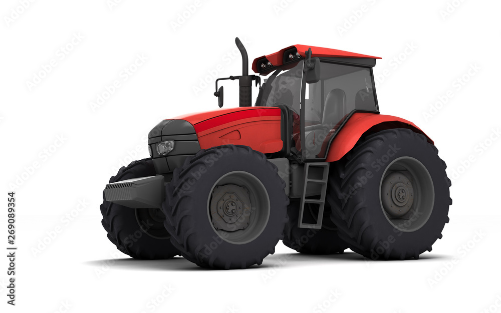 Obraz premium Red agricultural wheel tracktor isolated on white background. Front side view. Perspective. Left side. Low angle view. 3D render.
