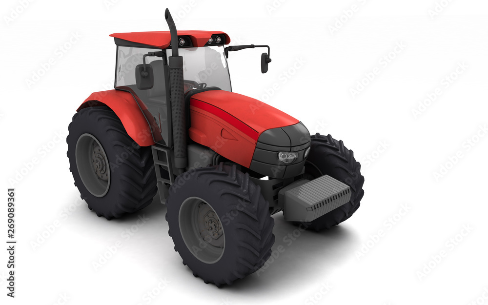 Red agricultural wheel tracktor isolated on white background. Front side view. Perspective. Left side. High angle view. 3D render. Red agricultural wheel tracktor isolated on white background. Front side view. Perspective. Left side. High angle view. 3D render.