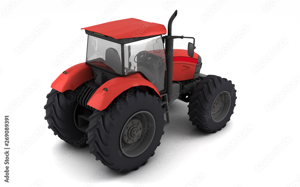 Isometric view on red agricultural wheel tracktor isolated on white background. Rear side view. Perspective. Right side. High angle view. 3D render. Isometric view on red agricultural wheel tracktor isolated on white background. Rear side view. Perspective. Right side. High angle view. 3D render.