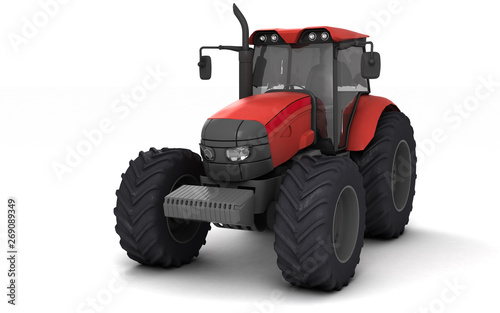 Red agricultural wheel tracktor isolated on white background. Front side view. Perspective. Left side. Eye level. 3D render.