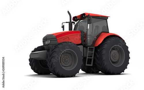 Red agricultural wheel tracktor isolated on white background. Front side view. Perspective. Left side. Low angle view. 3D render.