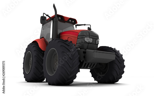 Red agricultural wheel tracktor isolated on white background. Front side view. Perspective. Right side. Low angle view. Bottom view. 3D render.