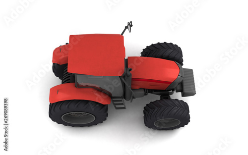 Isometric view on red agricultural wheel tracktor isolated on white background. Top view. Side view. Right side. High angle view. 3D render.