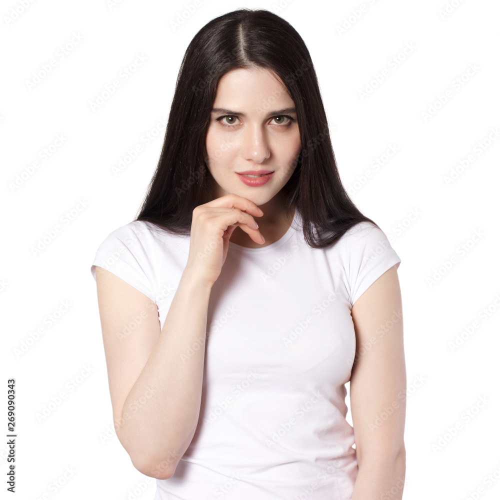 Attractive emotional young woman with a white t-shirt isolated Attractive emotional young woman with a white t-shirt isolated